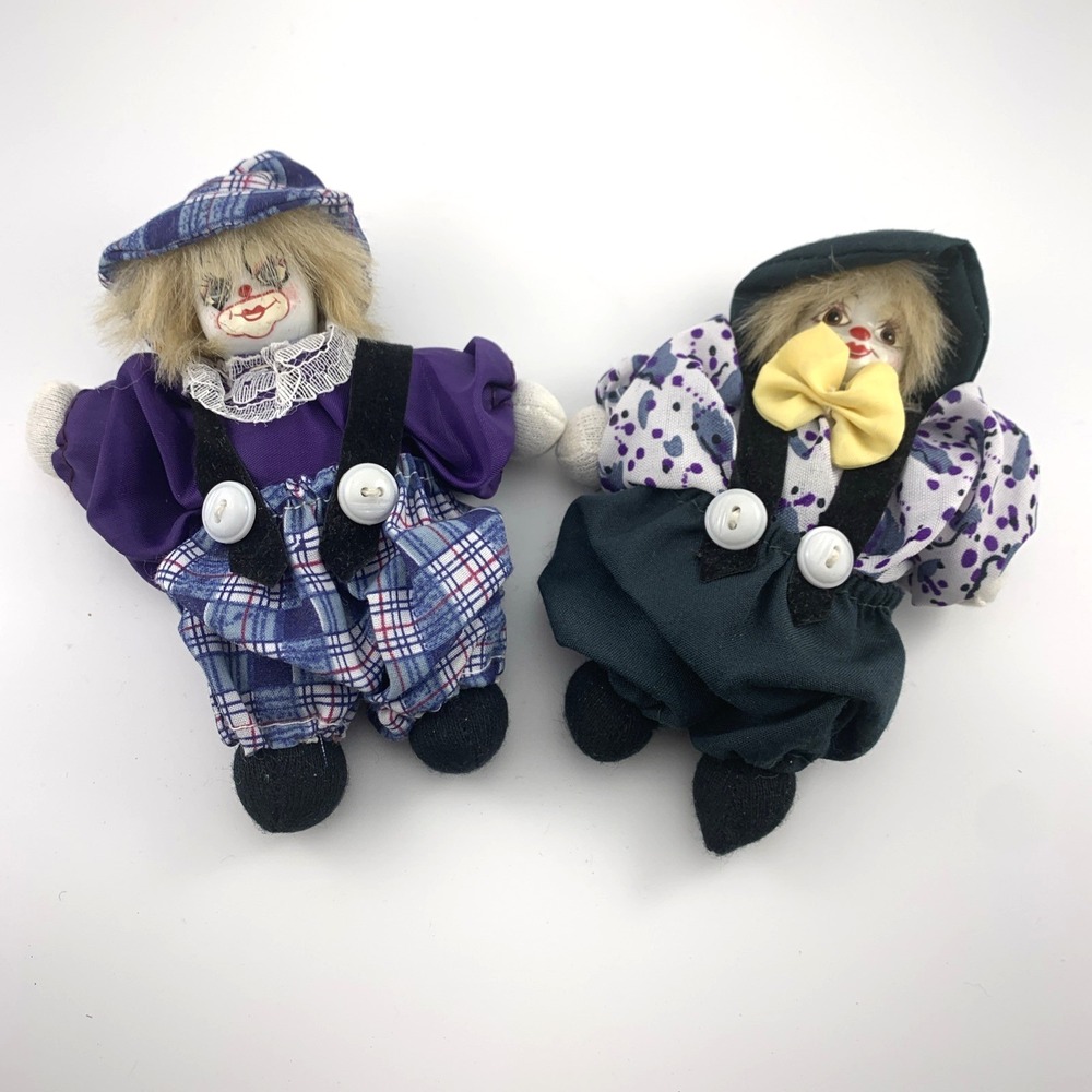 Vintage Q Tee Clown Dolls Porcelain Face Cloth Body Filled with Sand 5" -  Lot 2